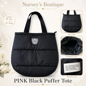 PINK Victoria’s Secret Black Quilted Puffer Tote Bag Crest Patch Travel Gym